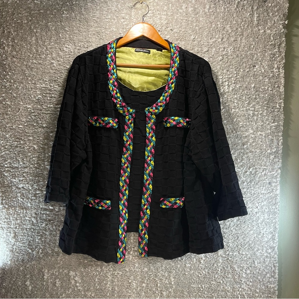 Michael Simon Knit Cardigan Sweater 3X Black Braid‎ Basketweave Cotton READ